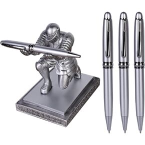 ZUOLUN Knight Pen Holder, Executive Knight Pen Holder with 3 Cool Pen, Pen Stand Desk Organizers, Desk Pen Holder, Creative Pen Stand Decorative Gift for Office and Home Desk Organizer (Silver)
