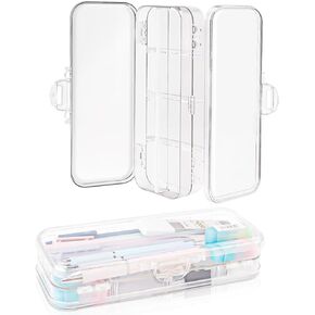 2Pcs Clear Double Deck Pencils Box, Stationery Box With Snap-Tight Lid, Adjustable Small Pencil Storage Box, Pencil Case Organizer With 4 Compartments For Small Office Supplies