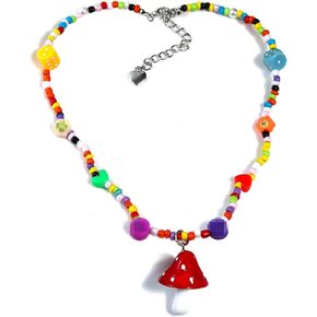 Colorful Fresh Mushroom Heart Rainbow Beaded Pendant Necklace Resin Choker for Girls Women Cartoon Handmade Multicolor Bohemian Jewelry-red