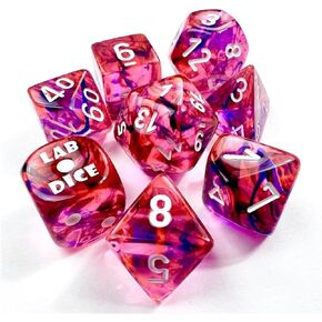 Red Nebula Black Light Special Dice with White Numbers 7+1 Dice Set 16mm (5/8in) Chessex