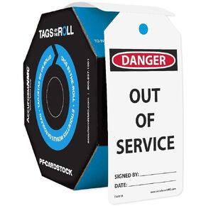 Accuform 100 "Danger Out of Service" Tags by-The-Roll, 6.25" x 3", PF-Cardstock, Red/Black on White, TAR118