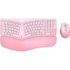 Ergonomic Wireless Keyboard Mouse Combo, EDJO Bluetooth/2.4G Dual Channel, Split Design, Soft Foam Palm Rest, 4 Level DPI Adjustable Wireless Mouse, Rechargeable, for Windows/Mac/Android(Pink)