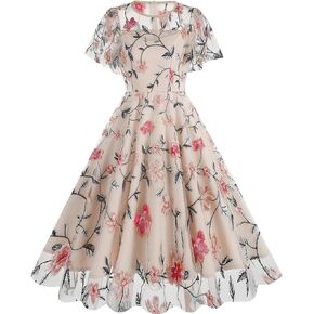 Women's 1950s Floral Embroidered Dress Short Sleeve Mesh Vintage Cocktail Swing Dress Wedding Party Evening Prom