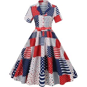 Women 50s Fourth of July American Flag Dress 1950s Audrey Hepburn Notch Lapel Vintage V-Neck Cocktail Swing Dress with Belt