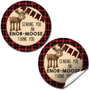 Rustic Red and Black Flannel Print Moose Thank You Sticker Labels, 40 2" Party Circle Stickers by AmandaCreation, Great for Party Favors, Envelope Seals & Goodie Bags