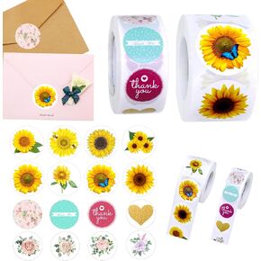 1000 Pieces Sunflower Round Adhesive Labels,Vintage Flower Stickers Roll for Cards Envelope Gift Boxes Envelope Seals Stickers(2 Rolls) in Kuwait