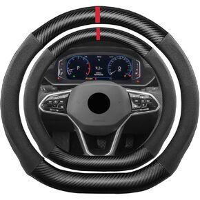 D Shape Suede Carbon Fiber Steering Wheel Cover, Compatible with Volkswagen VW Golf Jetta Atlas ID.4 Arteon GTI Beetle Polo Flat Bottom Alcantara Leather Sport Non-Slip Interior Accessories