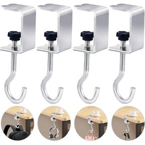 4Pcs Desk Hook for Hanging Bag Backpack Under Desk Clamp J Hooks Heavy Duty Metal Purse Hook for Table Adjustable Headphone Holder Desk for Table Desk Closet Door Cabinets