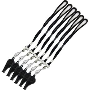 yueton Plastic Coach Whistles with Wrist Strap, Emergency Whistles with Short Lanyard, Pack of 6 (Black)