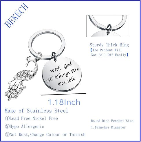 BEKECH Peacock Gift With God All Things Are Possible Peacock Feather Charm Keychain for Exotic Bird Lovers in Saudi Arabia