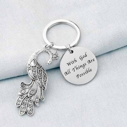 BEKECH Peacock Gift With God All Things Are Possible Peacock Feather Charm Keychain for Exotic Bird Lovers in Saudi Arabia