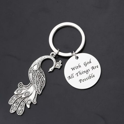 BEKECH Peacock Gift With God All Things Are Possible Peacock Feather Charm Keychain for Exotic Bird Lovers in Saudi Arabia