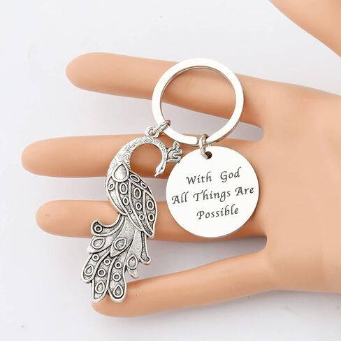 BEKECH Peacock Gift With God All Things Are Possible Peacock Feather Charm Keychain for Exotic Bird Lovers in Saudi Arabia