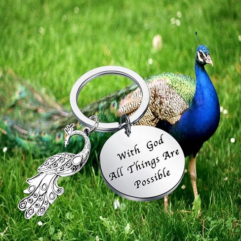 BEKECH Peacock Gift With God All Things Are Possible Peacock Feather Charm Keychain for Exotic Bird Lovers in Saudi Arabia