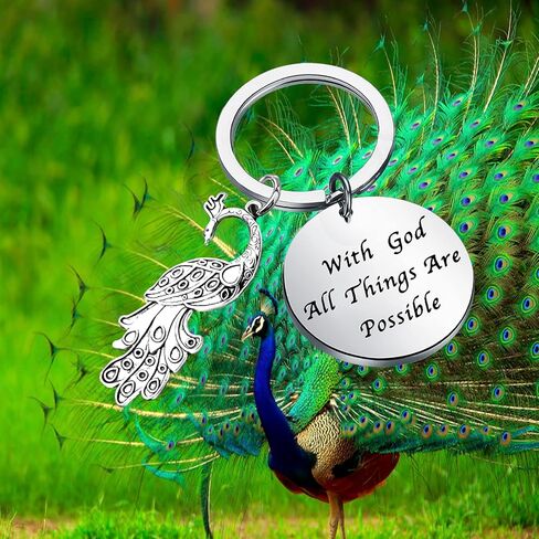 BEKECH Peacock Gift With God All Things Are Possible Peacock Feather Charm Keychain for Exotic Bird Lovers in Saudi Arabia