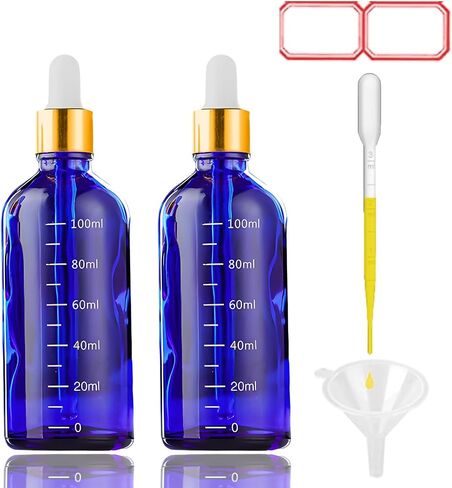 Amber Glass Dropper Bottle 3.4 oz, 2x100ml Amber Brown Glass Eye Dropper Bottles for Essential Oils with Dropper Pipettes, Funnel, and A Plastic Measured Dropper for Diffuser, Beauty Oil Mix in Saudi Arabia