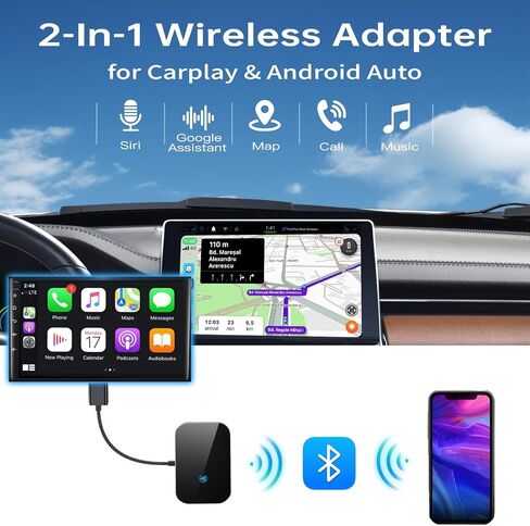 محول Carplay & Android Auto 2 في 1، تحويل سلكي من المصنع إلى سيارات دونجل لاسلكية لأجهزة iPhone وAndroid، التوصيل والتشغيل، 5 جيجا هرتز WiFi وBluetooth 5.3، لنظام iOS 10+ وAndroid 11+ (أزرق) in Saudi Arabia