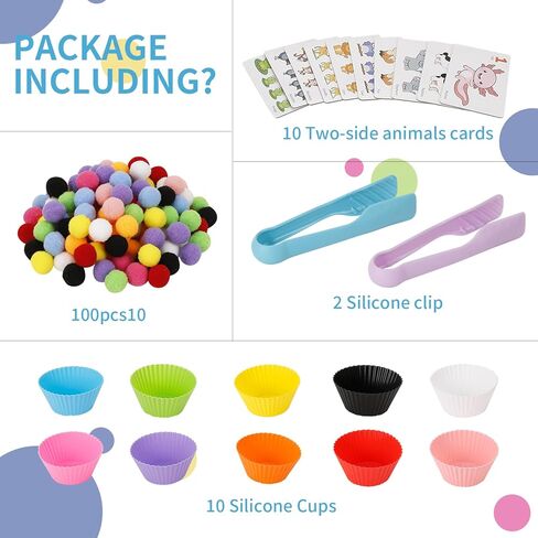 مجموعة 122 قطعة من المهارات الحركية الدقيقة للأطفال - بطاقات عد ألعاب تعلم موضوع الحيوانات، أوعية الفرز، ملاقط، كرات بوم للفرز، العد، التدريب على التعرف in Kuwait