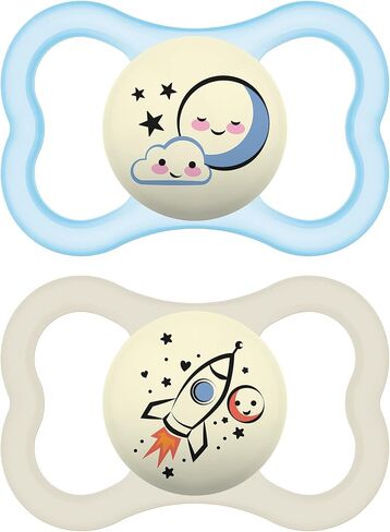 MAM Supreme Baby Pacifier, 6-16 Mths, Premium Extra Thin Nipple, 2 Pack | Developed With Medical Experts, Glows In The Dark, BPA-Free Silicone, With Sterilizer Case, 2 Pack, Made in Europe in Saudi Arabia