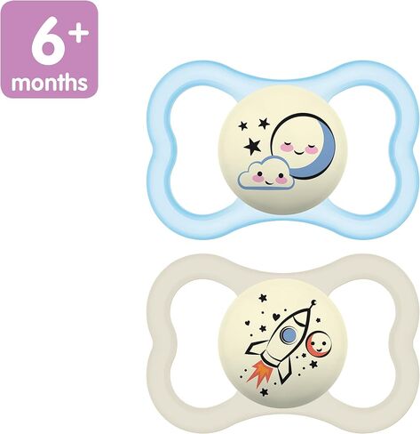MAM Supreme Baby Pacifier, 6-16 Mths, Premium Extra Thin Nipple, 2 Pack | Developed With Medical Experts, Glows In The Dark, BPA-Free Silicone, With Sterilizer Case, 2 Pack, Made in Europe in Saudi Arabia