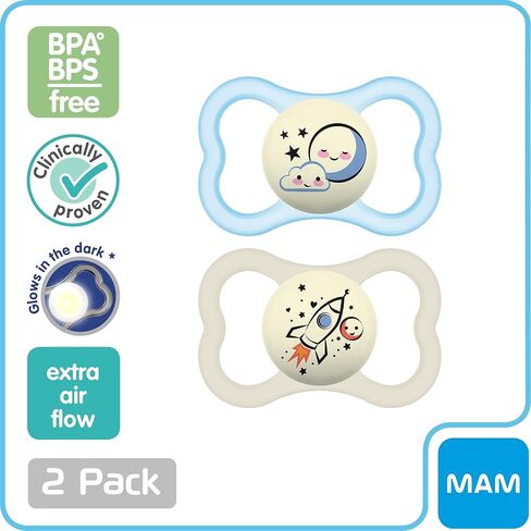MAM Supreme Baby Pacifier, 6-16 Mths, Premium Extra Thin Nipple, 2 Pack | Developed With Medical Experts, Glows In The Dark, BPA-Free Silicone, With Sterilizer Case, 2 Pack, Made in Europe in Saudi Arabia