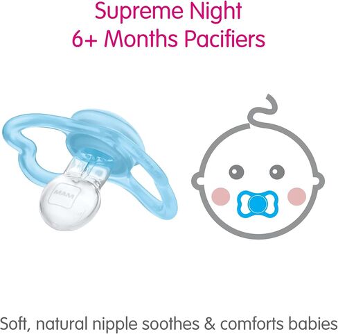 MAM Supreme Baby Pacifier, 6-16 Mths, Premium Extra Thin Nipple, 2 Pack | Developed With Medical Experts, Glows In The Dark, BPA-Free Silicone, With Sterilizer Case, 2 Pack, Made in Europe in Saudi Arabia