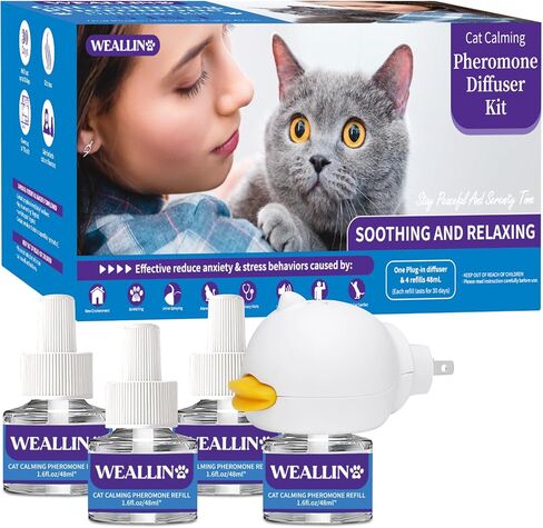 Cat Pheromones Calming Diffuser - Cat Calming Diffuser Kit Relieve Anxiety & Stress - 5-in-1 Cat Pheromone Diffuser Kit with 1 Diffuser + 4 Refill 48ml Vial-120 Days of Comfort and Relaxation in Saudi Arabia