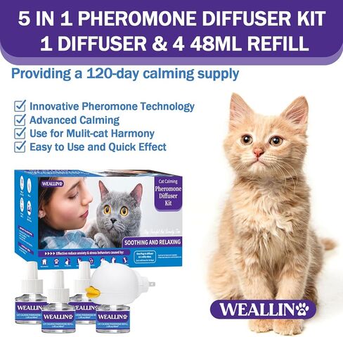 Cat Pheromones Calming Diffuser - Cat Calming Diffuser Kit Relieve Anxiety & Stress - 5-in-1 Cat Pheromone Diffuser Kit with 1 Diffuser + 4 Refill 48ml Vial-120 Days of Comfort and Relaxation in Saudi Arabia