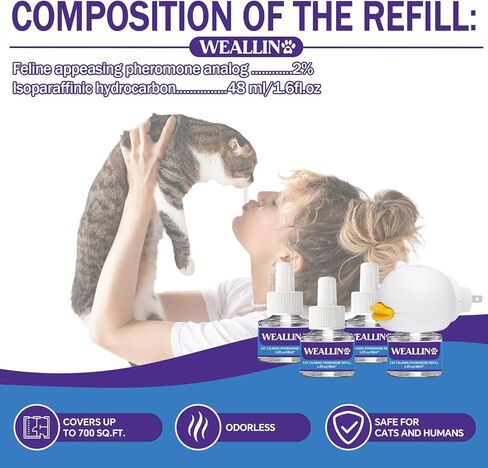 Cat Pheromones Calming Diffuser - Cat Calming Diffuser Kit Relieve Anxiety & Stress - 5-in-1 Cat Pheromone Diffuser Kit with 1 Diffuser + 4 Refill 48ml Vial-120 Days of Comfort and Relaxation in Saudi Arabia