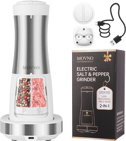 MOVNO 2 in 1 Rechargeable Electric Salt and Pepper Grinder Set with Charging Base, No Need Battery Automatic Salt and Pepper Grinder, One-Handed Operation, Adjustable Ceramic Grinder with LED Light in Saudi Arabia