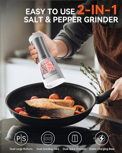 MOVNO 2 in 1 Rechargeable Electric Salt and Pepper Grinder Set with Charging Base, No Need Battery Automatic Salt and Pepper Grinder, One-Handed Operation, Adjustable Ceramic Grinder with LED Light in Saudi Arabia