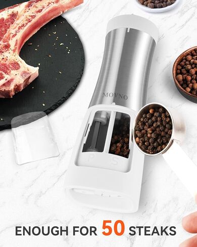 MOVNO 2 in 1 Rechargeable Electric Salt and Pepper Grinder Set with Charging Base, No Need Battery Automatic Salt and Pepper Grinder, One-Handed Operation, Adjustable Ceramic Grinder with LED Light in Saudi Arabia