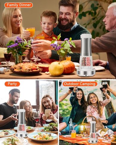 MOVNO 2 in 1 Rechargeable Electric Salt and Pepper Grinder Set with Charging Base, No Need Battery Automatic Salt and Pepper Grinder, One-Handed Operation, Adjustable Ceramic Grinder with LED Light in Saudi Arabia