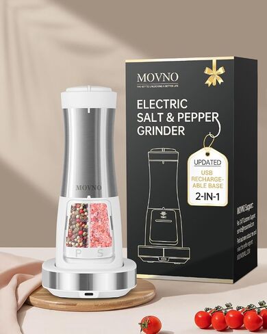 MOVNO 2 in 1 Rechargeable Electric Salt and Pepper Grinder Set with Charging Base, No Need Battery Automatic Salt and Pepper Grinder, One-Handed Operation, Adjustable Ceramic Grinder with LED Light in Saudi Arabia