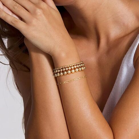 Gold Beaded Stackable Bracelets for Women 14K Gold Plated Bead Ball Bracelet Stretch Handmade Cute Round Beads Dainty Bracelet for Teen Girls in Saudi Arabia