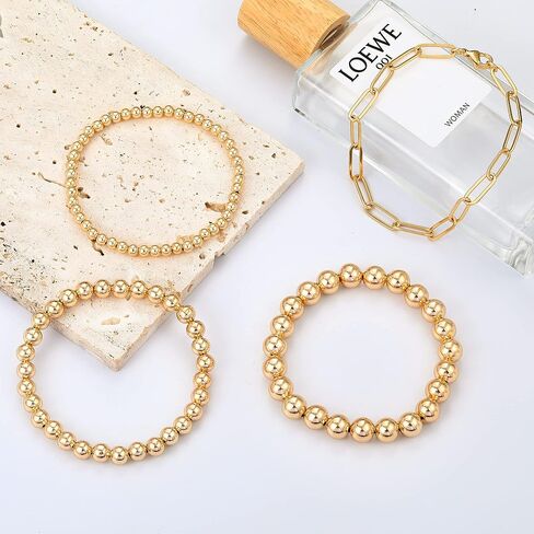 Gold Beaded Stackable Bracelets for Women 14K Gold Plated Bead Ball Bracelet Stretch Handmade Cute Round Beads Dainty Bracelet for Teen Girls in Saudi Arabia