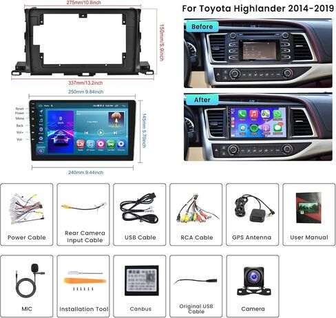 2G 64G Android Car Stereo for Toyota Highlander 2014-2019, Rimoody 10.1 Inch Touch Screen Car Radio with Wireless CarPlay Android Auto Mirror Link Bluetooth FM/RDS GPS WiFi HiFi SWC Backup Camera in Saudi Arabia