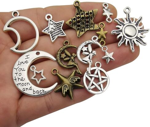 Sailanzi 75 قطعة من سحر الشمس والقمر السماوي المختلط بالجملة بالجملة الكثير من المعلقات المصنوعة من سبائك الفضة والبرونز العتيقة لقلادة DIY وأساور ونتائج صنع المجوهرات SM206 in Kuwait