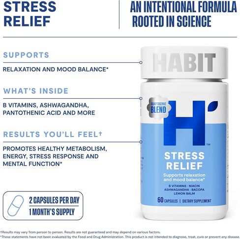 HABIT Stress Relief Supplement 2 Pack (120 Capsules) - New Look, Supports Relaxation & Mood Balance, Vitamin B, Adaptogens, Lemon Balm, Calming, Vegan, Non-GMO in Saudi Arabia