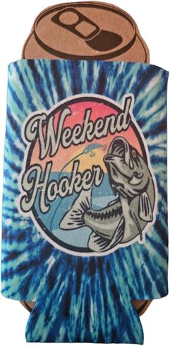 Funny Fishing Weekend Hooker Lady womens Girls Fisherman Christmas Gift Can Cooler Coozie Beverage Slim Bottle Bobbers Fishy Me Rod Pole Adult Humor Lake Mothers Day (Blue TieDye Single, Regular Can) in Saudi Arabia