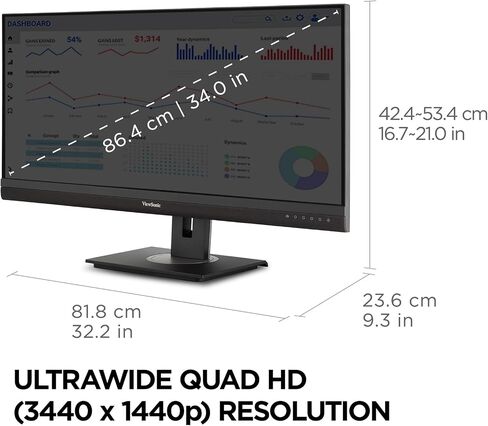 شاشة ViewSonic VG3456A مقاس 34 بوصة 21:9 فائقة الدقة QHD 1440p IPS مع تصميم مريح، 100 وات USB C، قاعدة توصيل مدمجة، جيجابت إيثرنت للمنزل والمكتب in Saudi Arabia