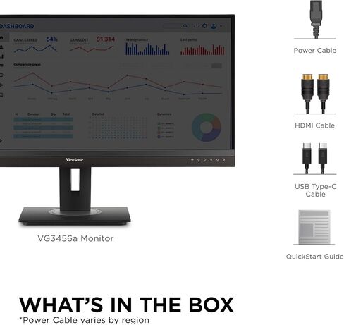 شاشة ViewSonic VG3456A مقاس 34 بوصة 21:9 فائقة الدقة QHD 1440p IPS مع تصميم مريح، 100 وات USB C، قاعدة توصيل مدمجة، جيجابت إيثرنت للمنزل والمكتب in Saudi Arabia