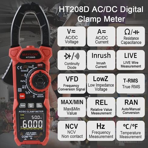 HT208D Amp meter clamp ac/dc,1000A True RMS multimeter tester, 6000 Counts,with Temperature, NCV, LPF, Voltage and Current Test,Diodes,Continuity,Duty-Cycle,Frequency, Resistance, Capacitance in Saudi Arabia