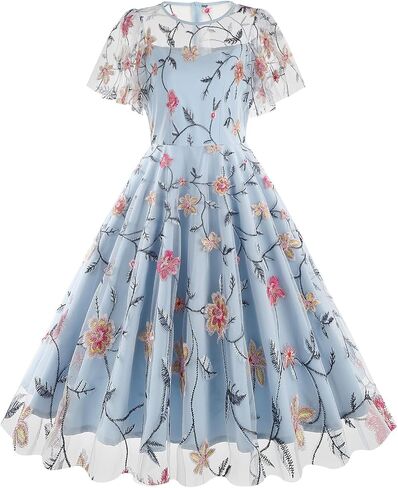 Women's 1950s Floral Embroidered Dress Short Sleeve Mesh Vintage Cocktail Swing Dress Wedding Party Evening Prom in Saudi Arabia