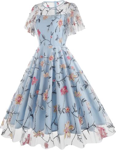 Women's 1950s Floral Embroidered Dress Short Sleeve Mesh Vintage Cocktail Swing Dress Wedding Party Evening Prom in Saudi Arabia