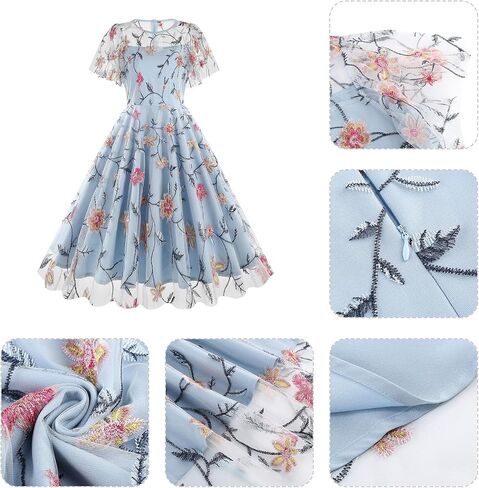 Women's 1950s Floral Embroidered Dress Short Sleeve Mesh Vintage Cocktail Swing Dress Wedding Party Evening Prom in Saudi Arabia