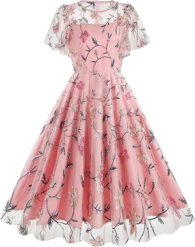 Women's 1950s Floral Embroidered Dress Short Sleeve Mesh Vintage Cocktail Swing Dress Wedding Party Evening Prom in Saudi Arabia