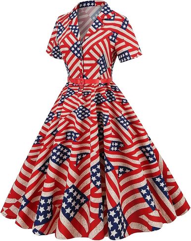 Women 50s Fourth of July American Flag Dress 1950s Audrey Hepburn Notch Lapel Vintage V-Neck Cocktail Swing Dress with Belt in Saudi Arabia