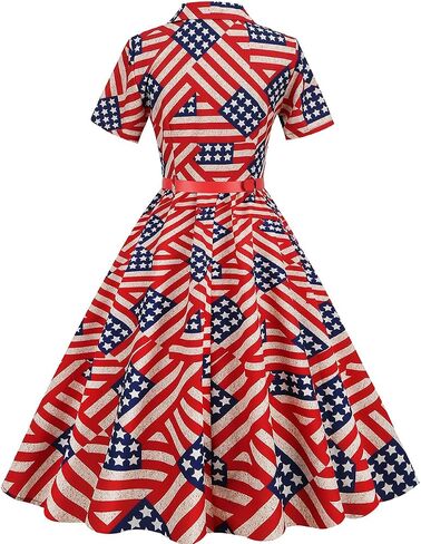 Women 50s Fourth of July American Flag Dress 1950s Audrey Hepburn Notch Lapel Vintage V-Neck Cocktail Swing Dress with Belt in Saudi Arabia