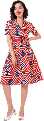 Women 50s Fourth of July American Flag Dress 1950s Audrey Hepburn Notch Lapel Vintage V-Neck Cocktail Swing Dress with Belt in Saudi Arabia